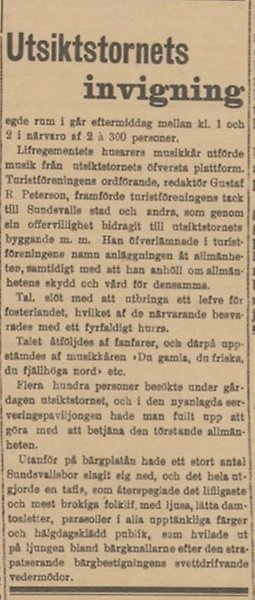 Tidningsartikel från invigningen av Norra Berget utsiktstorn. 